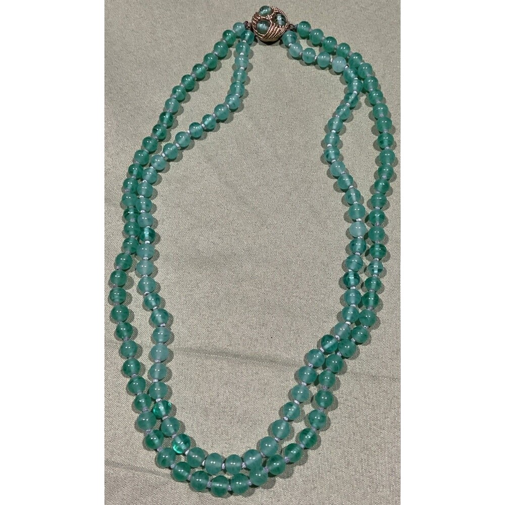 Vintage Double Strand Peking Glass Necklace Swirled Faux Jade Ornate Clasp